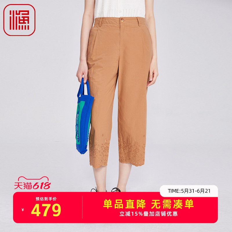 渔牌女装短裤女2025新款夏纯棉全棉绣花简约休闲阔腿长裤FGHB6227