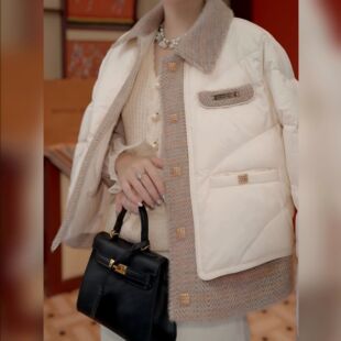 妈妈羽绒服小香风毛呢拼接冬季加厚防寒服中年妇女宽松显瘦外套