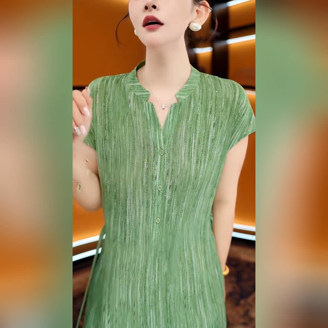 夏季新款绿色条纹显瘦百搭连衣裙