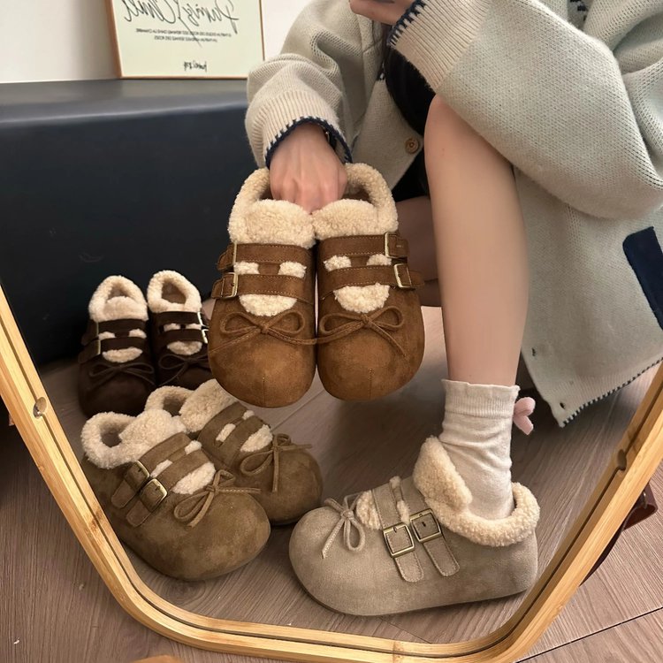 2025秋季新款深口单鞋平底单鞋米杏色人造短毛绒圆头2025年冬季深