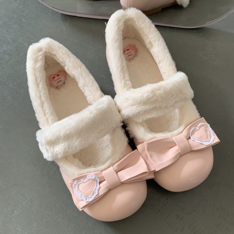 小心心 原创lo鞋冬季毛毛鞋女外穿平底棉鞋保暖加绒可爱lolita鞋