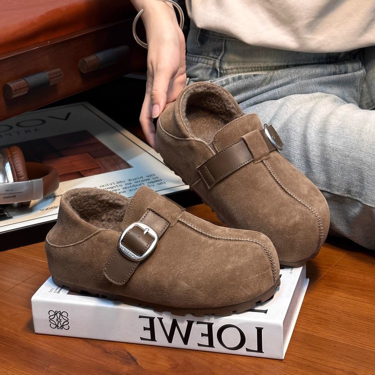 黑眼熊宝日系勃肯鞋女2025新款冬加绒厚底雪地棉鞋两穿毛毛半拖鞋
