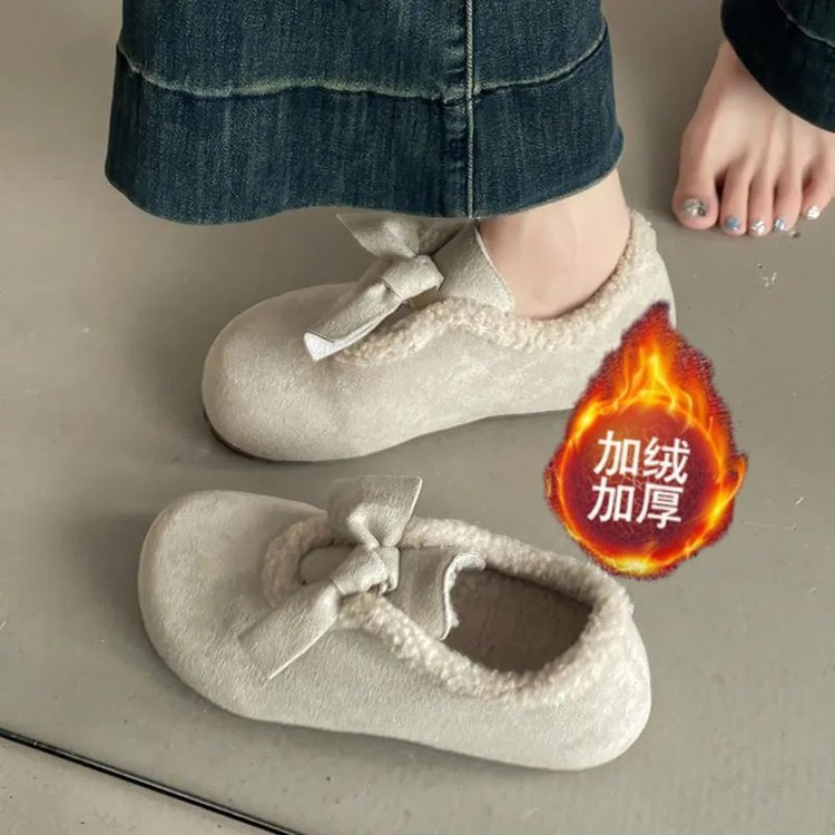 2025冬季新款深口单鞋平底人造短毛绒牛反绒磨砂皮系带深口橡胶20