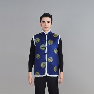 男唐装马甲元旦新年超市酒吧工作服盘扣立领织锦缎冬季中式棉背心