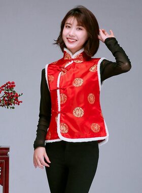 批发织锦缎女唐装马甲冬季保暖毛