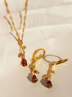 温柔法式浪漫红色珐琅滴釉玫瑰花吊坠项链女复古气质花朵耳环547