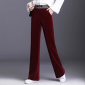 休闲直筒阔腿裤 清仓捡漏酒红色加绒加厚灯芯绒裤 女松紧腰条绒裤 子