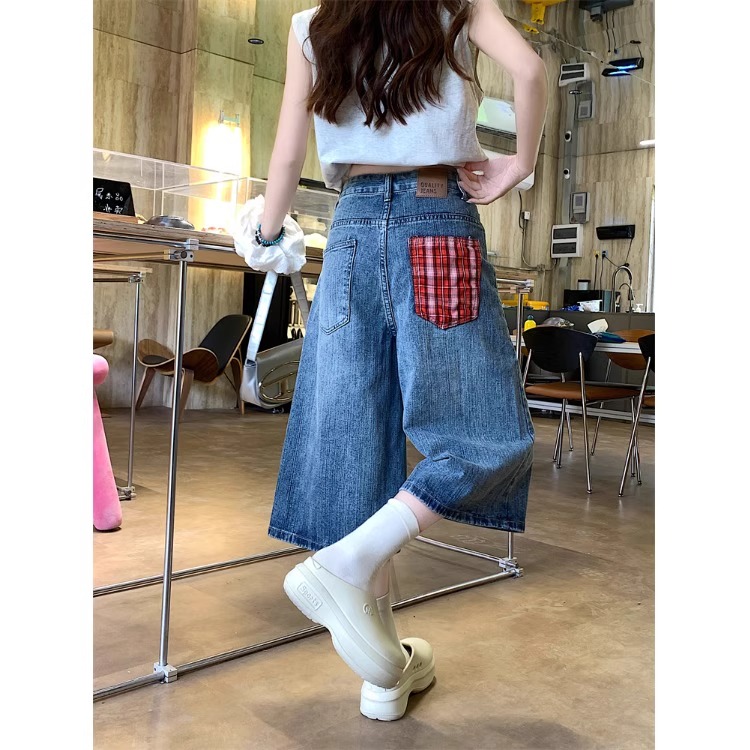 夏季格子拼接口袋阔腿七分中裤女