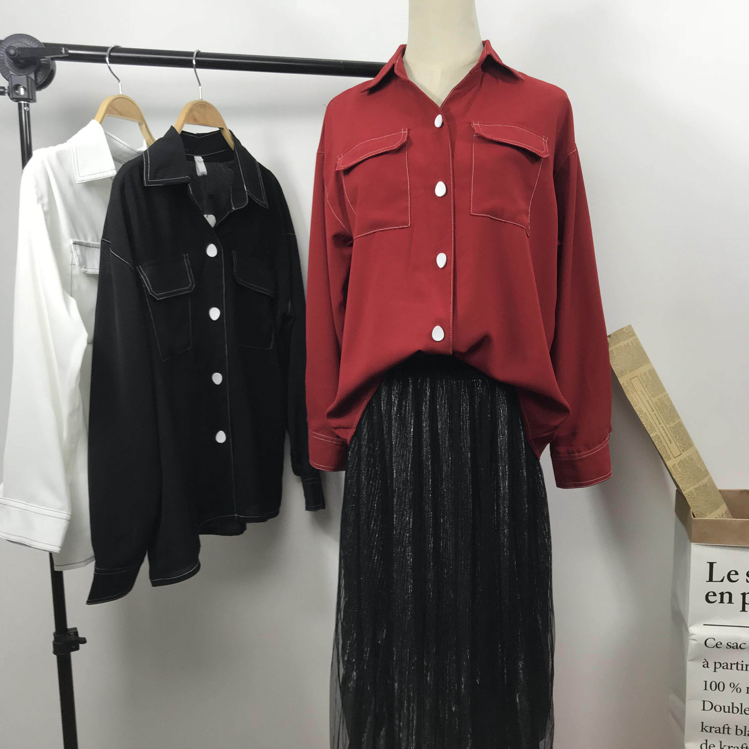 春季2019新款Polo领明线黑色雪纺衬衫上衣女装chic小众设计感衬衣在类目 女装/女士精品, 衬衫中 - 来自Buy2taobao.com提供专业的淘宝代购服务