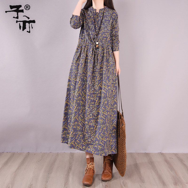 子亦2022秋装新款碎花大码长款休闲宽松气质收腰系带长袖连衣裙在类目 女装/女士精品, 大码女装中 - 来自Buy2taobao.com提供专业的淘宝代购服务