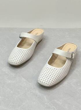 夏季新款真皮方头冲孔透气拖鞋坡跟超好穿舒适百搭包头休闲女靴拖