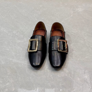 孤码34   真皮圆头金属方扣乐福鞋平底可踩跟两穿休闲小皮鞋