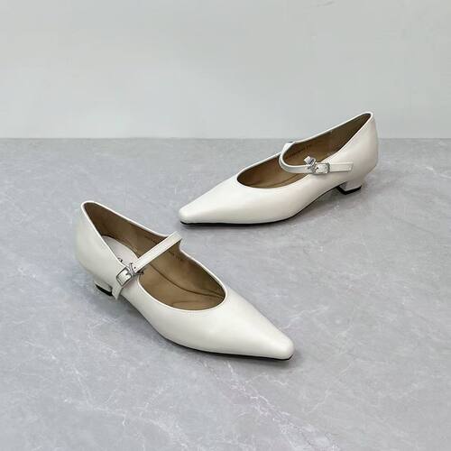 撤柜~帝 真皮尖头时尚一字带玛丽珍鞋粗跟通勤百搭浅口女单鞋