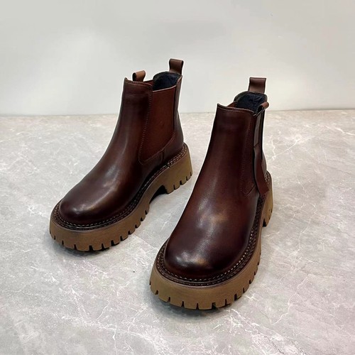 新款秋冬真皮复古擦色切尔西短靴英伦风圆头套筒舒适百搭女皮靴