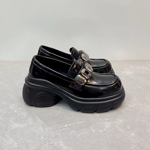 新款大水钻乐福鞋真皮厚底增高帅气百搭小皮鞋英伦风一脚蹬女单鞋