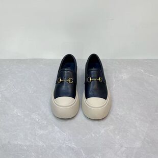 英伦风真皮圆头金属扣乐福鞋厚底通勤百搭一脚蹬懒人鞋休闲小皮鞋