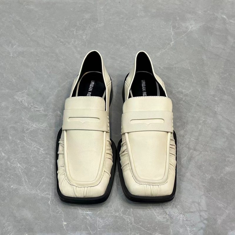 特惠~福利 真皮方头皱羊皮一脚蹬乐福鞋低跟踩后跟两穿百搭女单鞋