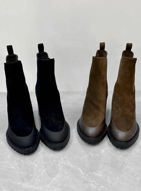 38.39码 撤柜真皮圆头套筒短靴粗高跟气质百搭防水台时装女靴