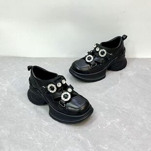 欧洲站真皮圆头水钻魔术贴女鞋6厘米厚底增高休闲百搭深口单鞋