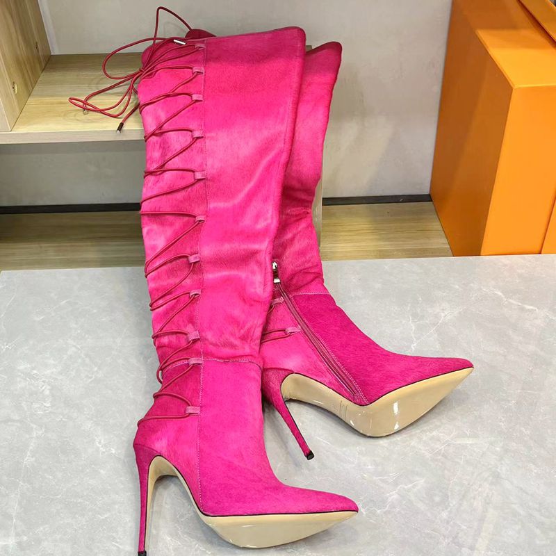 T台走秀~过膝长靴子真皮尖头性感细高跟半拉松紧带全筒马毛高筒靴