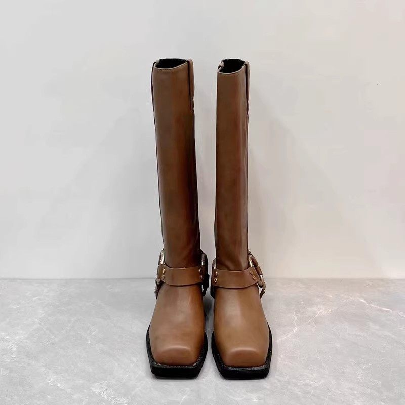 冬季真皮方头帅气骑士靴粗跟套筒牛皮高靴英伦风不过膝长靴女