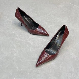 欧美风时尚尖头真皮浅口单鞋 性感细高跟鳗鱼纹牛皮简约百搭女鞋