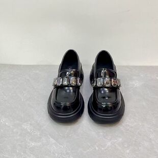  真皮圆头大水钻一脚蹬乐福鞋增高厚底帅气百搭小皮鞋女