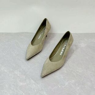 撤柜~金 真皮时尚烫钻尖头浅口单鞋秋款通勤百搭细跟女士高跟鞋