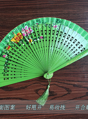 绿色西班牙扇子双面印花木扇易开合折扇古典旗袍走秀跳舞镂空扇子