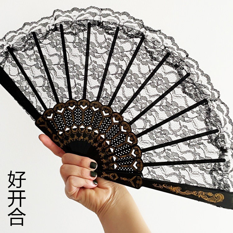 抖音同款黑暗古风折扇中国风蕾丝旗袍扇子女士折叠扇网红扇拍照扇