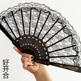 抖音同款黑暗古风折扇中国风蕾丝旗袍扇子女士折叠扇网红扇拍照扇