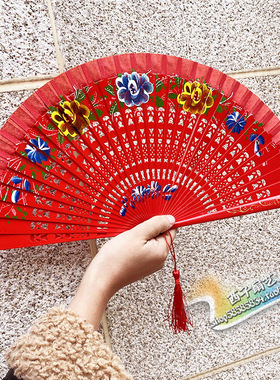 红色扇子双面西班牙舞蹈扇旗袍走秀表演折扇折叠扇古风舞扇广场舞