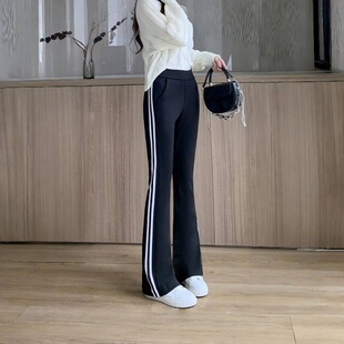 春秋款双杠微喇叭裤女高腰百搭条纹休闲运动裤显高显瘦修身微喇裤