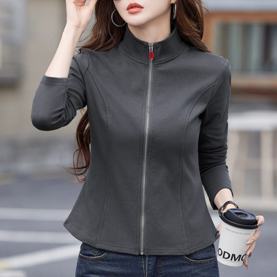 纯棉卫衣女秋装薄款百搭修身拉链开衫外套洋气立领秋冬外穿上衣潮