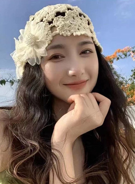 夏季优雅手工花朵蕾丝包头帽女