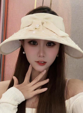 夏季优雅大檐亮片蝴蝶结空顶帽女
