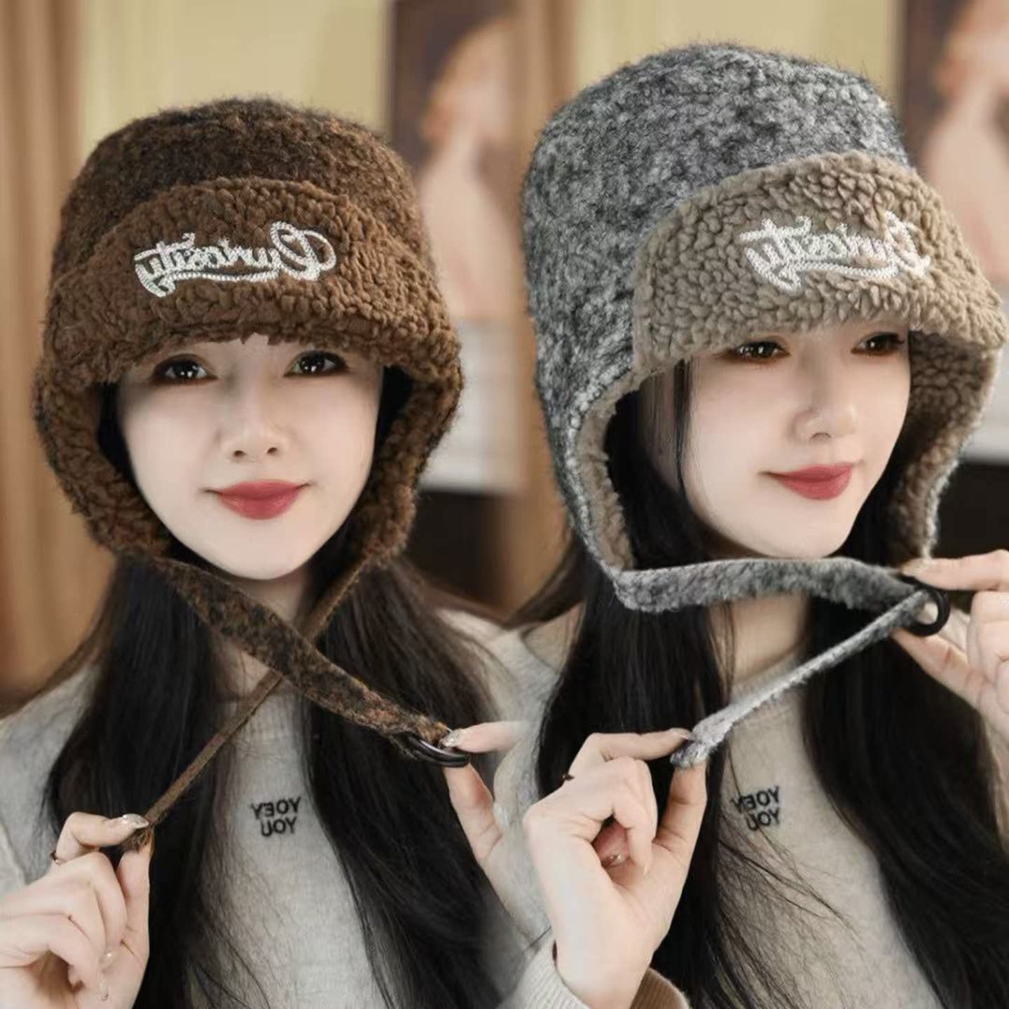 帽檐字母毛绒雷锋帽子男女秋冬加厚保暖防风东北护耳帽百搭飞行帽
