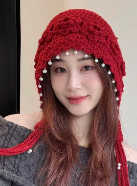 秋冬韩系钩花珍珠流苏针织帽女