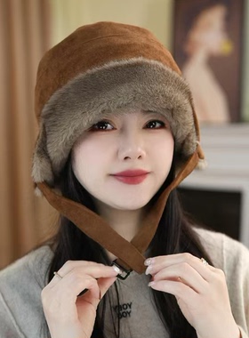 冬季复古麂皮绒一帽多戴渔夫帽女