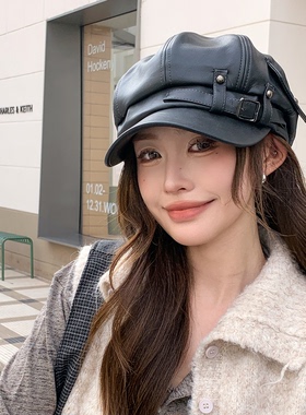 秋冬复古铆钉皮质显脸小八角帽女