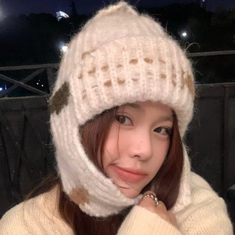 韩风chic~含羊毛针织辫子护耳帽女秋冬保暖复古毛线雷锋飞行帽子