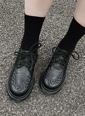 smalleyes女士皮鞋原宿风马丁皮鞋编织手工黑色Ramsey牛皮单鞋