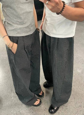 裤子男款春秋宽松直筒泡泡格子休闲裤2026新款美式潮牌百搭长裤男