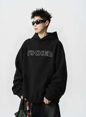 黑色重磅连帽卫衣男女美式潮牌宽松加绒情侣卫衣oversize套头帽衫