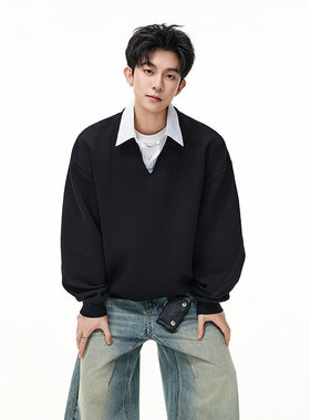 衬衫领卫衣男款重磅宽松假两件情侣卫衣美式潮牌休闲百搭套头上衣