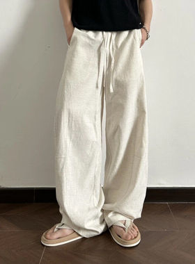 裤子男夏季薄款亚麻宽松直筒阔腿裤2026新款美式潮牌休闲百搭长裤