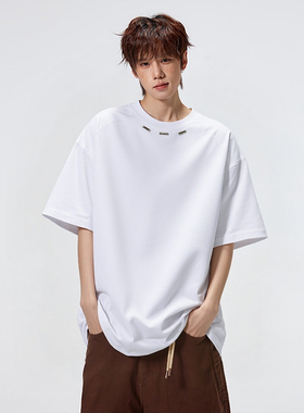 短袖男款2026新款重磅纯棉宽松白色T恤美式潮牌高街设计感半袖T恤