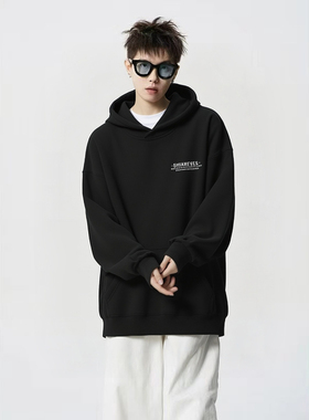 黑色连帽卫衣男女重磅加绒加厚情侣卫衣2026新款美式潮牌套头帽衫