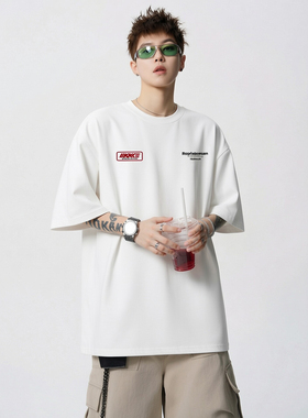 短袖男款重磅纯棉宽松圆领T恤男2026新款美式青少年白色T情侣半袖