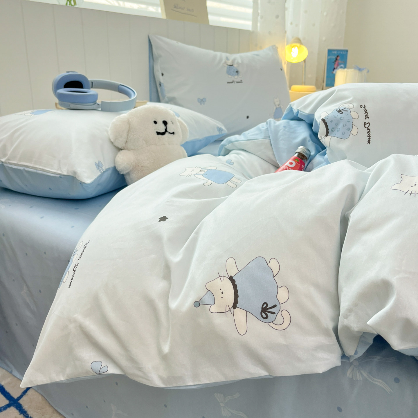 小清新四件套全棉卡通风小猫纯棉儿童女孩床单被套床上用品三件套